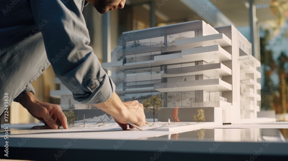 Poster a man is diligently working on a detailed model of a building. this image can be used to showcase ar