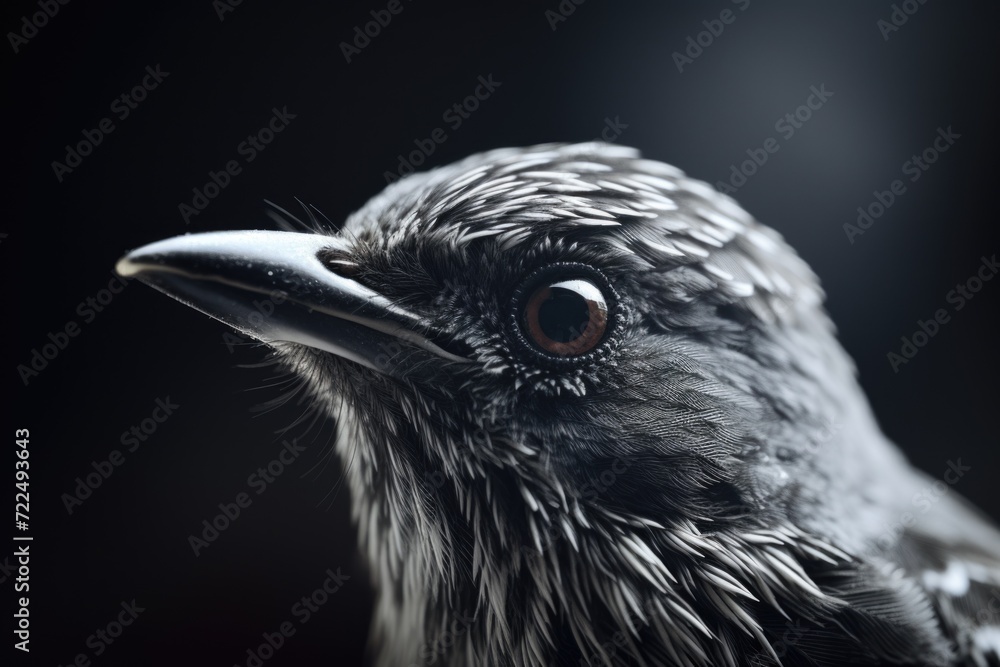 Poster a close up view of a bird's head against a black background. this image can be used to depict the in
