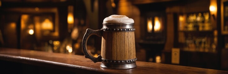 Traditional wooden beer stein with frothy ale on a polished pub table against a blurred background of bottles and warm ambient lighting - obrazy, fototapety, plakaty