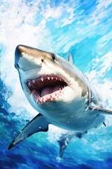 Naklejka premium A shark with its mouth open, swimming in the water. This image can be used to depict the power and danger of sharks, as well as marine life and underwater scenes