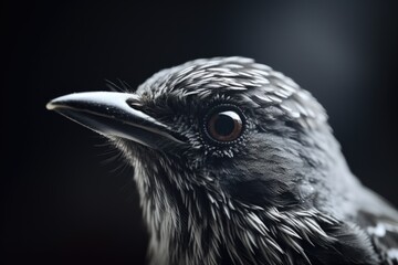 A close up view of a bird's head against a black background. This image can be used to depict the intricate details and features of a bird's head