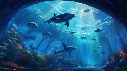 Dynamic underwater panorama of a pod of dolphins swimming alongside a coral wall