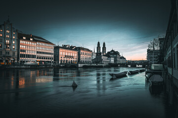View of the old town of Zurich with Grossmünster at sunset