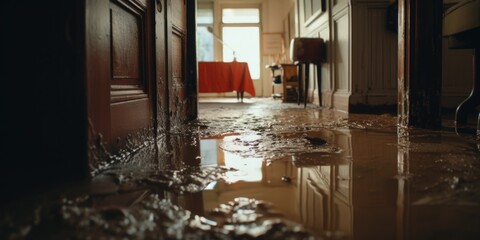 A small puddle of water on the floor of a hallway. Suitable for illustrating water damage, maintenance issues, or accidents in indoor environments