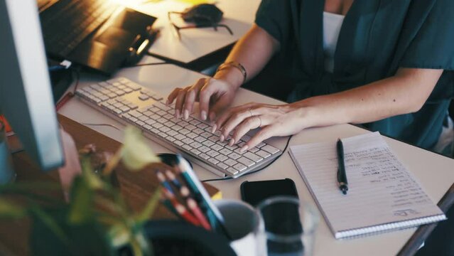 Business hands, typing on computer and office desk for online research, copywriting and editing newsletter. Person, writer or editor with desktop keyboard for creative website, social media and email