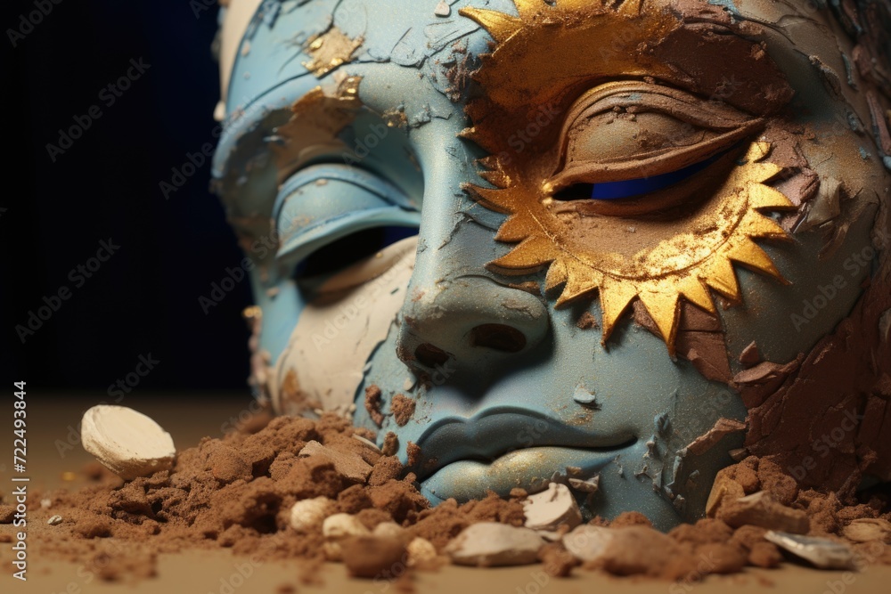 Poster a detailed close-up of a sculpture depicting the face of a woman. perfect for art enthusiasts and th