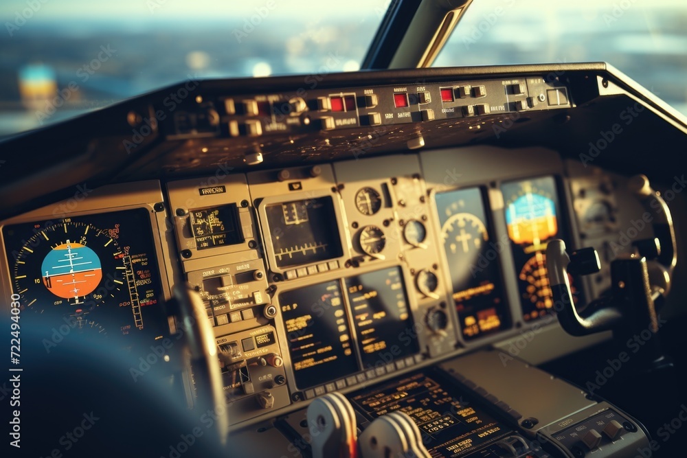 Poster a clear view of the cockpit of an airplane. ideal for aviation enthusiasts and travel-related conten