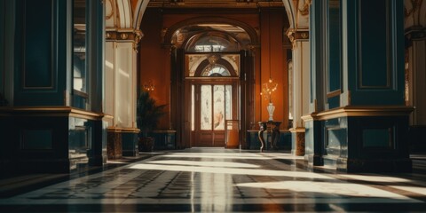 Fototapeta premium A hallway in a building with a wall clock. Ideal for depicting time management and punctuality