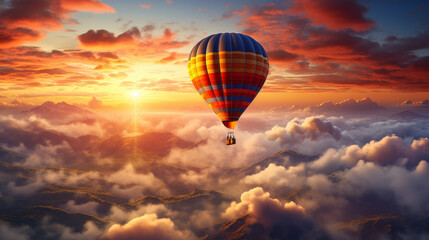 Fototapeta na wymiar Hot air balloon drifting among the clouds during a sunrise