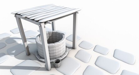 3D rendering of a stylized cartoon water well with stone structure, wooden roof, rope and buckets