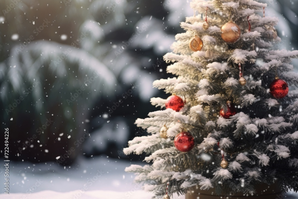 Poster a charming image of a small christmas tree adorned with ornaments in a snowy setting. perfect for ho