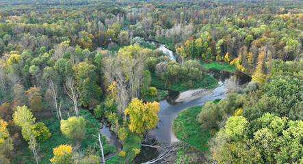 River delta floodplain autumn fall color meander drone aerial inland video shot in sandy sand...