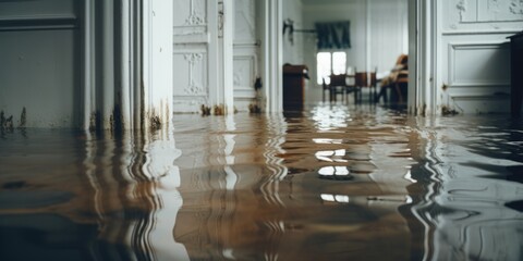 A room filled with water, showing a dining table and chairs. This image can be used to depict a flooded space or to represent the aftermath of a natural disaster