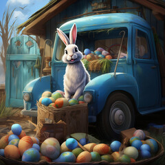 cartoon scene with old truck and easter bunny - illustration for children