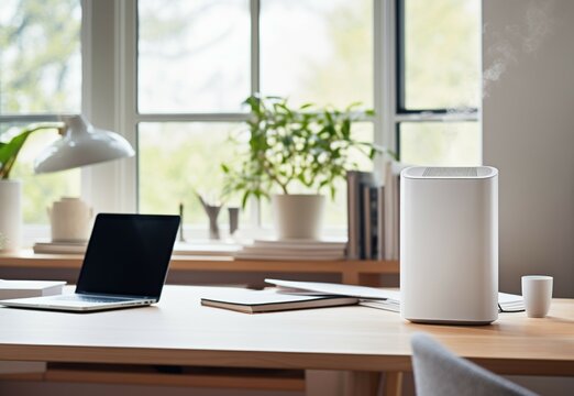 Air purifier or aromatherapy diffuser humidifier in a home office setup with simple and modern design.