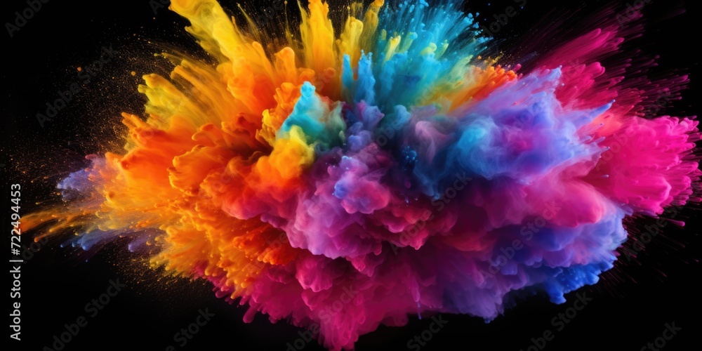 Poster a vibrant explosion of colorful powder against a dark black backdrop. perfect for adding a burst of 