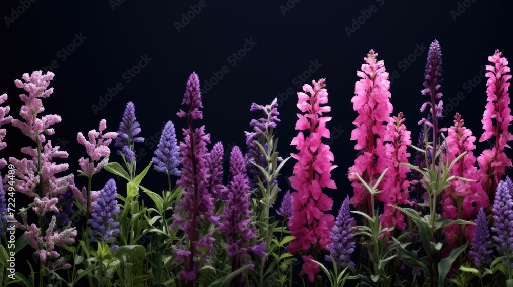 Poster a vibrant field of purple and pink flowers against a black background. ideal for adding a pop of col