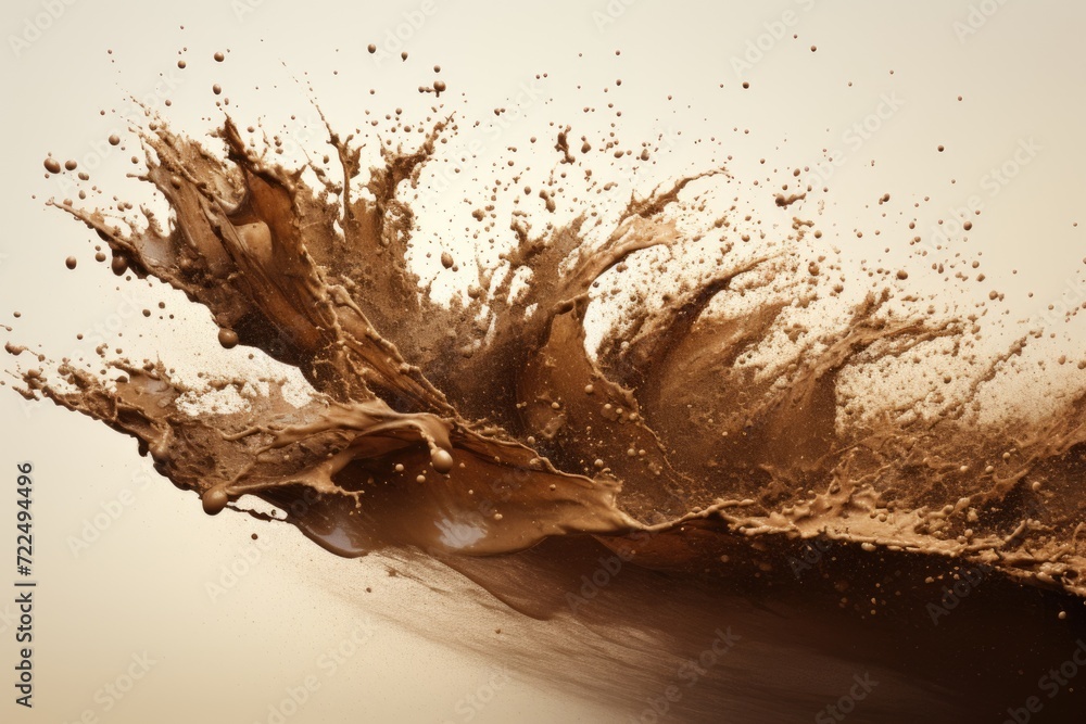 Poster a vivid image of a chocolate splash on a clean white surface. perfect for food and dessert-related p