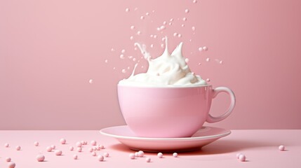  a pink cup filled with whipped cream sitting on top of a saucer on top of a pink tablecloth. - obrazy, fototapety, plakaty