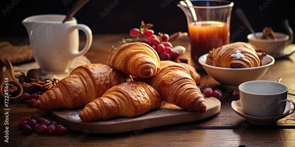 Aufkleber a table adorned with a delicious assortment of croissants and a steaming cup of coffee.