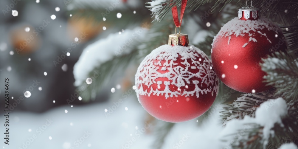 Poster a festive red and white christmas ornament hanging beautifully from a tree branch. perfect for holid