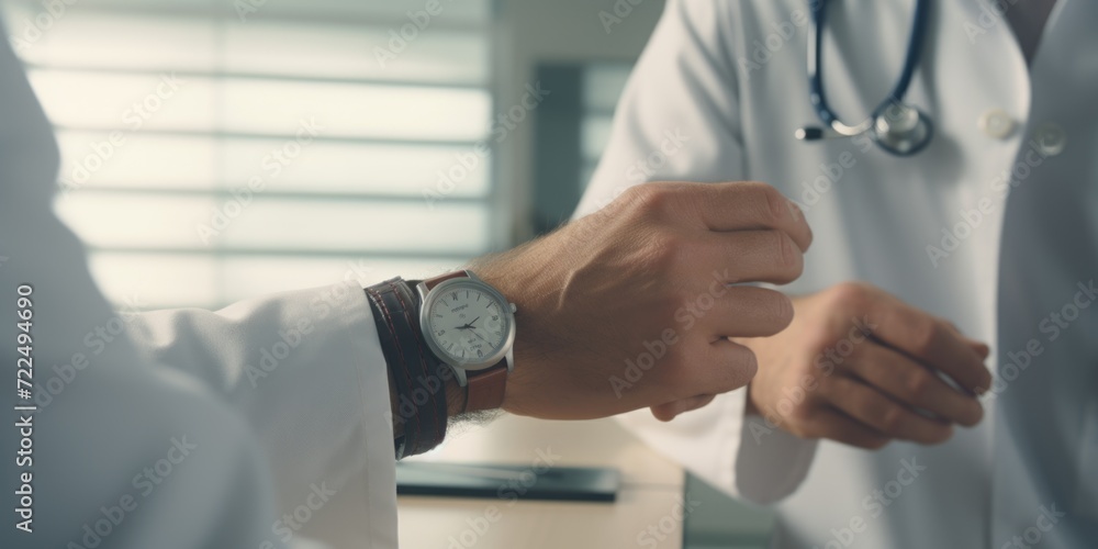 Poster a man wearing a white lab coat is holding a watch in his hand. this image can be used to represent s