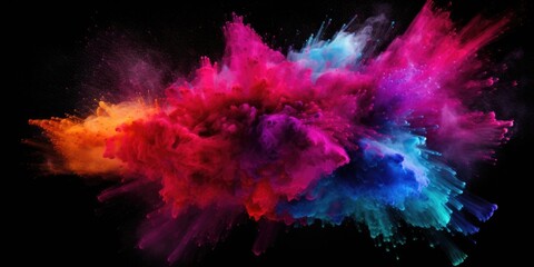 Fototapeta na wymiar Colorful powder explosion captured on a black background. Perfect for vibrant and energetic concepts. Ideal for use in advertising, celebrations, and events.