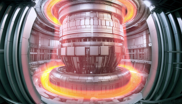 Nuclear fusion reactor generating clean infinite energy. Tokamak interior with magnetic field containing plasma from sustainable thermonuclear reaction.