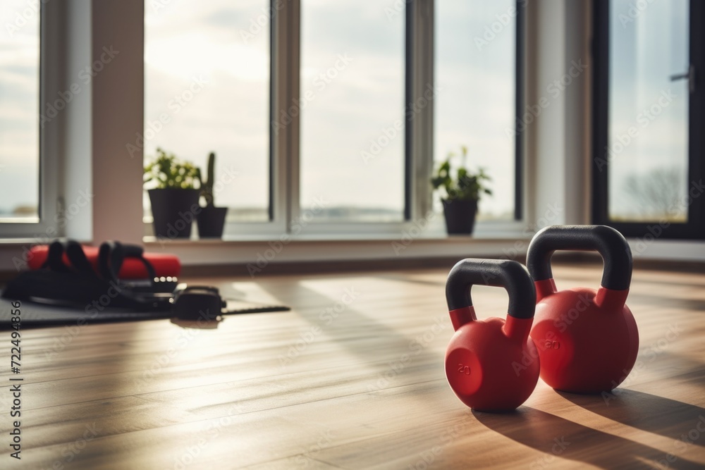 Poster two red kettlebells sitting on a wooden floor in front of a window. perfect for fitness and strength