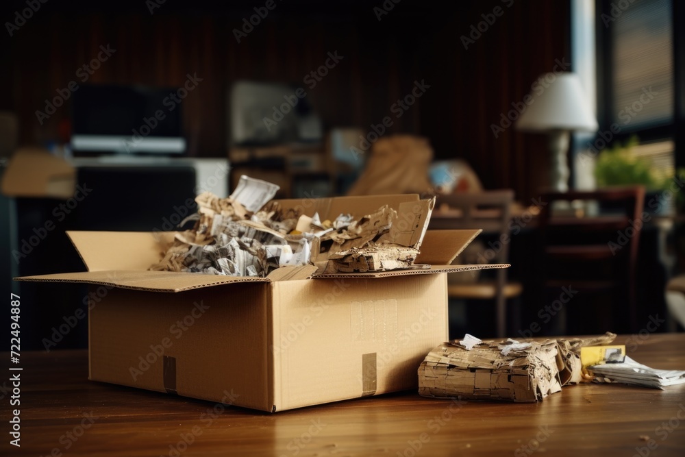 Poster a cardboard box filled with various items is placed on a table. this versatile image can be used to 