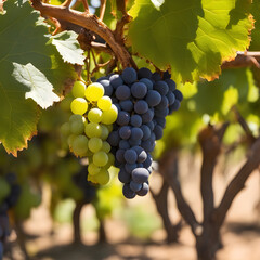 Wine Grape bunches overlooking vineyard in sunny valley