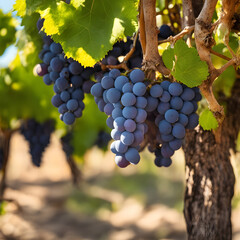 Fototapeta premium Wine Grape bunches overlooking vineyard in sunny valley