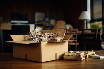 A cardboard box filled with various items is placed on a table. This versatile image can be used to depict clutter, organization, storage, or moving.