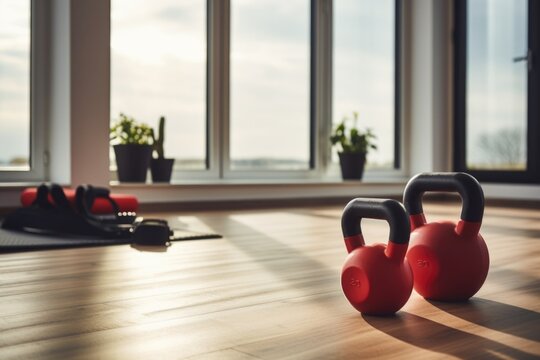 Two red kettlebells sitting on a wooden floor in front of a window. Perfect for fitness and strength training concepts