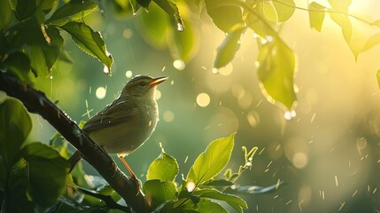 Obraz premium Small cute bird under rain forest wallpaper background