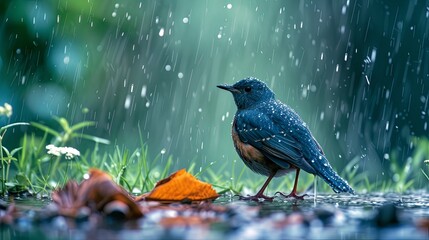 Small cute bird under rain forest wallpaper background