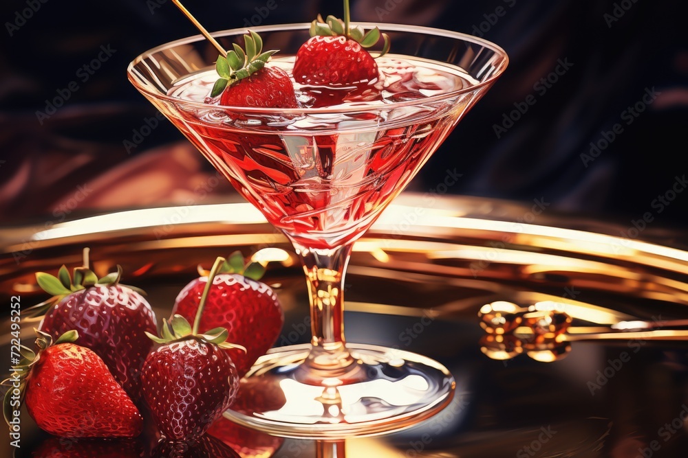 Poster a close-up view of a refreshing drink with juicy strawberries. perfect for summer themes and healthy