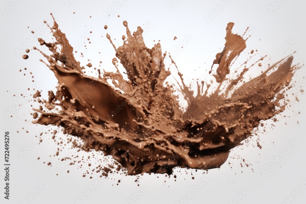 Poster A dynamic image capturing a splash of chocolate on a pristine white surface. This versatile picture can be used to add a touch of indulgence and deliciousness to various projects