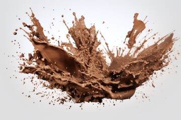 A dynamic image capturing a splash of chocolate on a pristine white surface. This versatile picture can be used to add a touch of indulgence and deliciousness to various projects