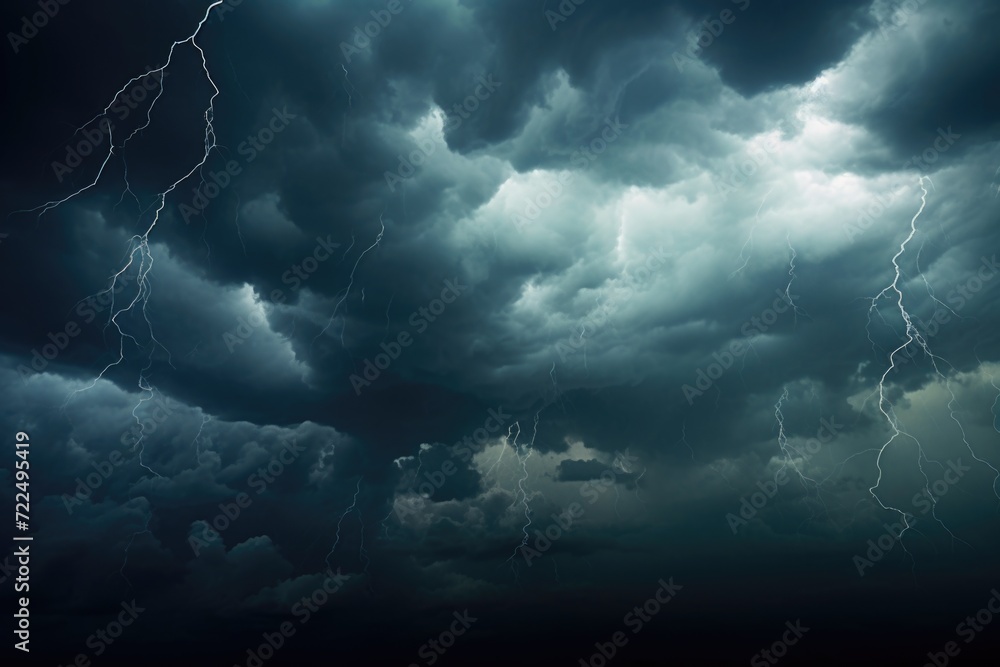 Poster A dramatic image of a dark sky filled with menacing clouds and bolts of lightning. Perfect for illustrating storms, bad weather, or a sense of foreboding