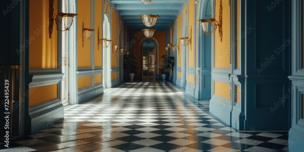 Poster a hallway with a checkered floor and a chandelier. ideal for interior design and home decor concepts