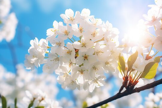 A close up view of a tree with white flowers. This image can be used to depict nature, springtime, or floral beauty