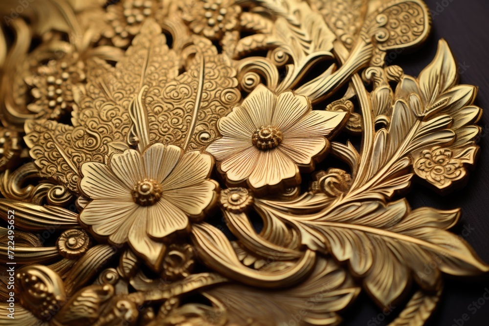 Poster a detailed close-up view of a gold plate adorned with intricate flowers and leaves. perfect for addi