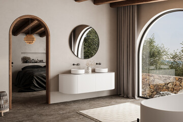 Beige bathroom interior with double sink and mirror, carpet on hardwood floor, bathtub, plants....