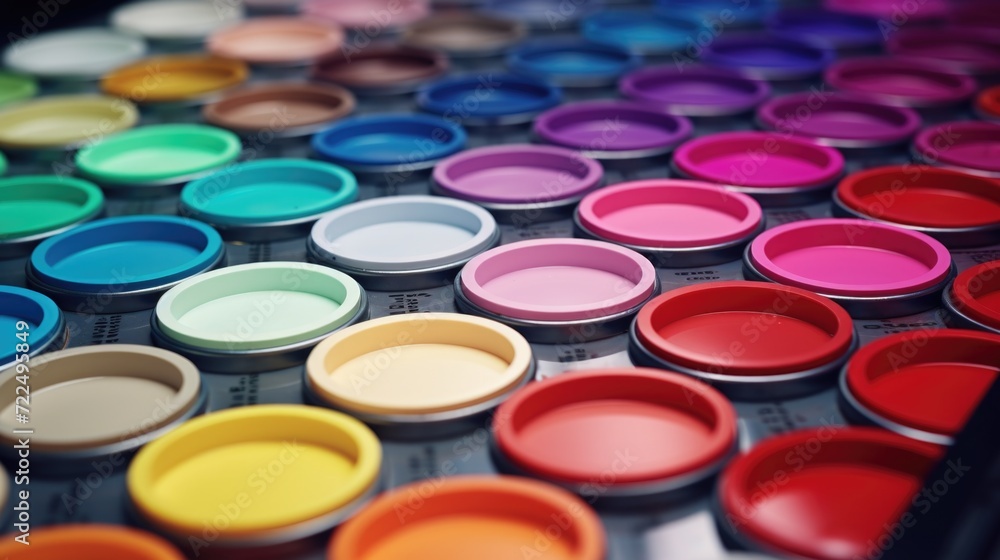 Aufkleber a close-up view of a bunch of paints arranged on a table. ideal for artistic projects and creative e