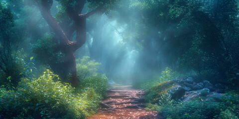 Naklejka na ściany i meble Enchanted forest pathway, a mystical wallpaper featuring a magical forest pathway bathed in soft light.