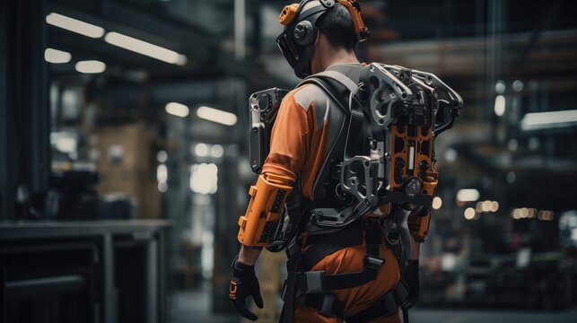Industrial worker equipped with a heavy-duty powered exoskeleton for lifting and carrying heavy loads in manufacturing environments.