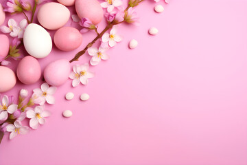 Banner Easter eggs and cherry blossom branches on a pink background, with copy space