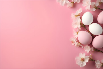 Fototapeta na wymiar Banner Easter eggs and cherry blossom branches on a pink background, with copy space