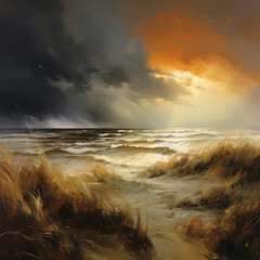 Baltic Sea coast at sunset with dune grass and storm clouds